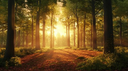 Lush forest bathed in the warm hues of sunset, with light filtering through the trees.
