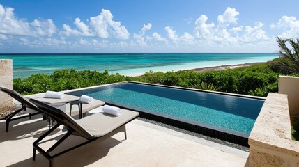 Fototapeta premium Luxury beachfront villa on a paradise island, featuring a private pool and oceanfront terrace.
