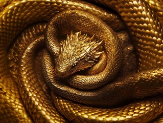 Fototapeta premium Golden coiled snake embracing wealth and power