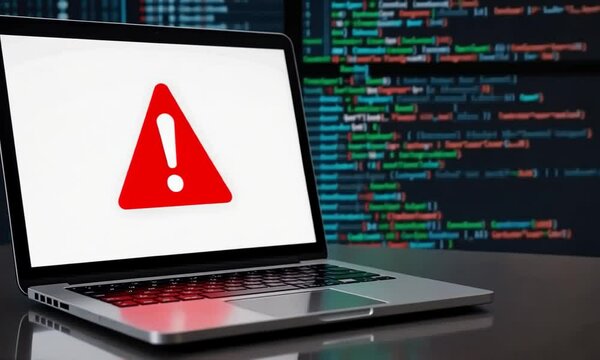Red Exclamation Mark Warning Symbol Over Laptop With Code In Background Representing Digital Error Or Warning Concept. 4k video