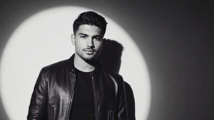 Obraz premium A person wearing a leather jacket poses for a photo, giving a thumbs up to the camera