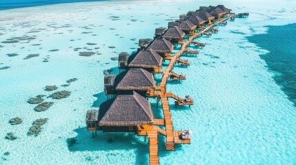 Luxury overwater bungalows on a paradise island, connected by a wooden walkway over a blue lagoon.