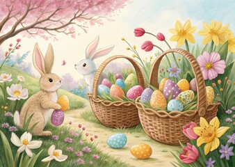 Illustration of two bunnies celebrating Easter in a vibrant garden filled with spring flowers and colorful, decorated eggs. Baskets overflow with eggs, creating a joyful scene