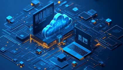 A futuristic illustration showing cloud computing and data processing