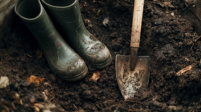 Muddy green rubber boots and a dirty shovel rest in dark brown soil, suggesting gardening or fieldwork, symbolizing hard work and nature connection