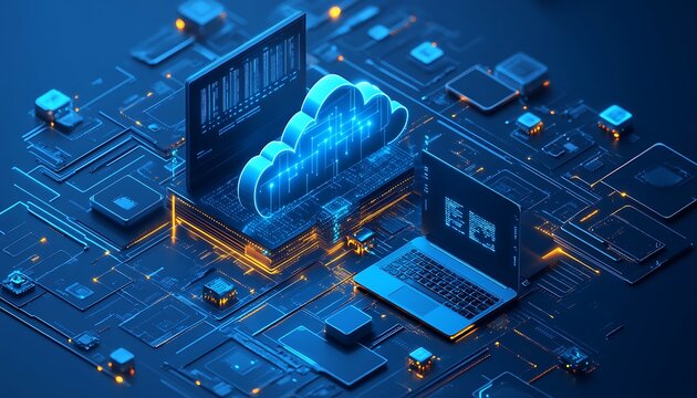 A futuristic illustration showing cloud computing and data processing