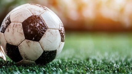 A close-up of an iconic soccer ball resting on lush green turf, symbolizing the essence of sport, competition, and the joy of play during outdoor games.