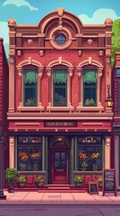 Fototapeta premium Charming brick storefront, flowers, city street, sunny day, perfect for website backgrounds