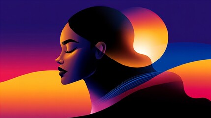 Woman's face in profile appears against a gradient background with curved bands and a circular glowing form.