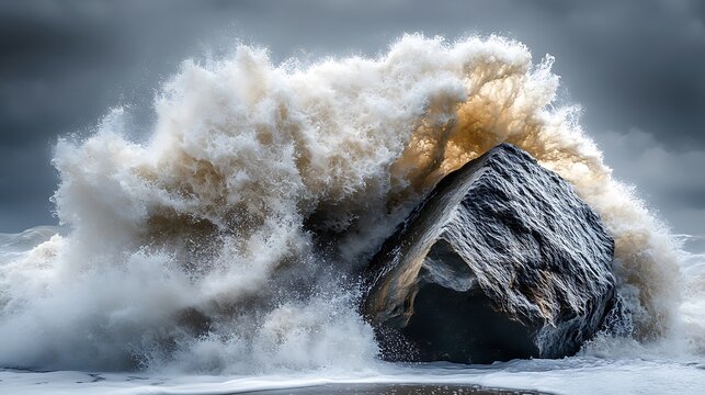 A powerful wave crashing against a firm, unmovable boulder, showcasing nature&acirc;&euro;&trade;s dynamic contrast, ultra-HD, isolated.