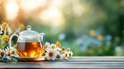 A glass teapot filled with fragrant tea, gracefully positioned among white daisies, offering a soothing representation of nature's beauty and simplicity in a bright ambiance.