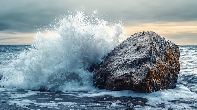 A powerful wave crashing against a firm, unmovable boulder, showcasing nature&acirc;&euro;&trade;s dynamic contrast, ultra-HD, isolated.
