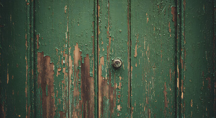 Rustic charm old wooden door with peeling green paint, texture and aged look