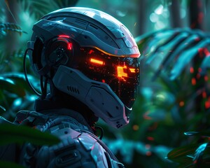 Fototapeta premium Cinematic photo of futuristic robotic hunter scanning a dense cyber jungle for its prey glowing heat signatures visible through its visor neon reflections
