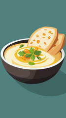 Flat Minimalist Creamy Hummus Bowl with Pita Bread Vector Illustration