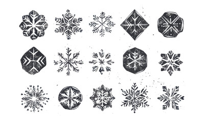 Grunge Lino Cut Snowflake Stamps Collection with Distressed Geometric Textures