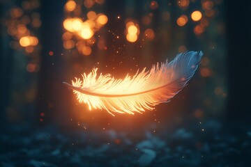 A single, detailed feather floating in the air, softly glowing as it drifts through a sunlit forest