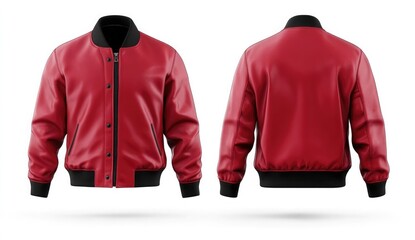 Red leather baseball jacket mockup template with front and back view isolated on a white background