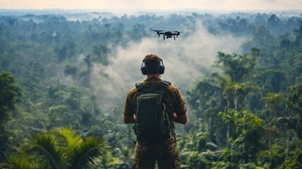 Naklejka premium Man Piloting Drone Over Forest Canopy with Misty Background View