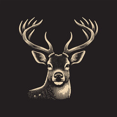 Naklejka premium Mule Deer Head Vector Illustration – Vintage Retro Logo Design on Black Background