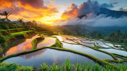Obraz premium Serene rice fields under a dramatic sunset, with colorful clouds reflecting in the water.