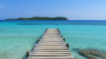 Obraz premium Small wooden pier extending into the turquoise waters of a secluded paradise island.