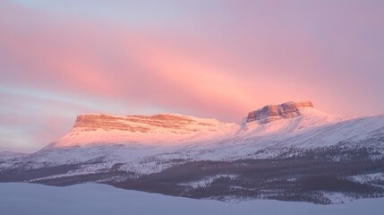 Snow-capped mountains glowing under a vibrant sunset, with clouds tinged in pink and orange.