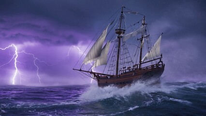 Obraz premium A sailboat caught in the midst of a storm with lightning illuminating the dark sky