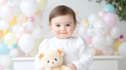 Fototapeta premium Adorable baby girl, holding teddy bear, amidst colorful balloons