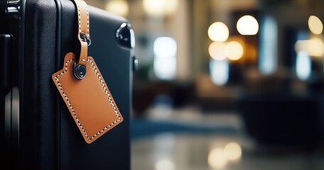 Un bagage en cuir noir et marron en gros plan devant le hall d'un hôtel de luxe avec arrière-plan flou, concept de voyage et de vacances haut de gamme.