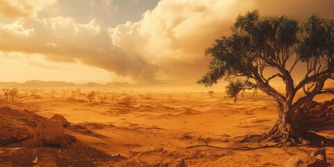 A single tree stands alone in the desert landscape