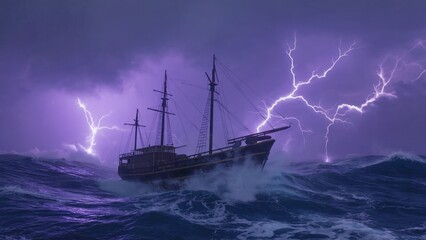 Fototapeta premium A boat rides out a fierce storm, lit by powerful lightning strikes