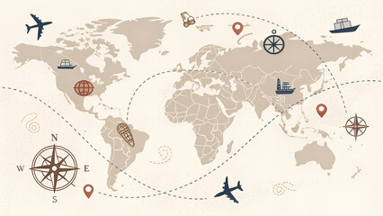 Antique-style world map with icons of planes, ships and routes. Represents global travel, discovery, wanderlust and exploration.