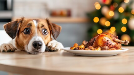 A curious dog looking eagerly at a delicious holiday meal on the table, embodying the anticipation and excitement pets feel during festive gatherings with family.