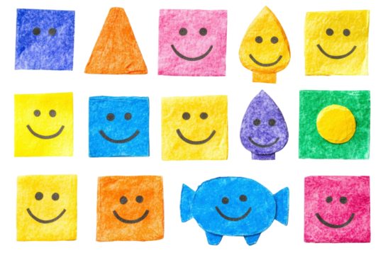 Colorful Shapes with Smiley Faces in Crayon Style, Bright and Cheerful Elements for Fun and Creative Backgrounds, Child-Friendly Colors and Designs - Powered by Adobe