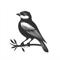 Black and white illustration of a bird perched on a branch in a minimalist style