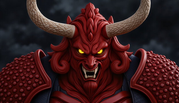 Demonic warrior with fierce expression in dark fantasy background