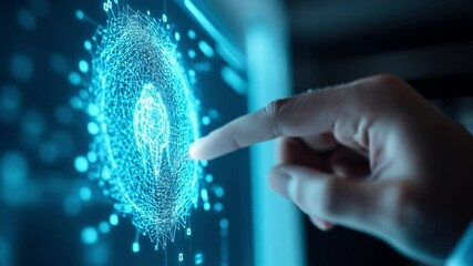 Hand interacting with digital interface, close-up of finger pressing on glowing abstract technology display, modern innovation theme. - Powered by Adobe