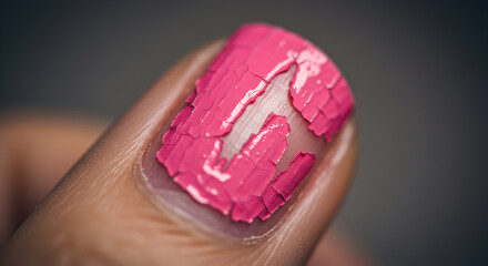 Distressed pink manicure: A close-up of peeling nail polish on a fingernail