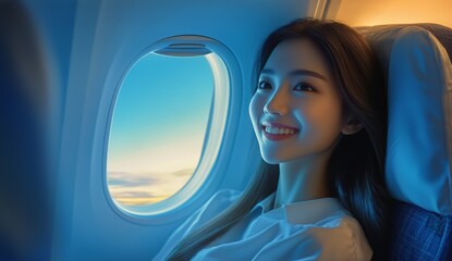 Fototapeta premium Smiling Woman Sitting by Airplane Window During Sunset Flight