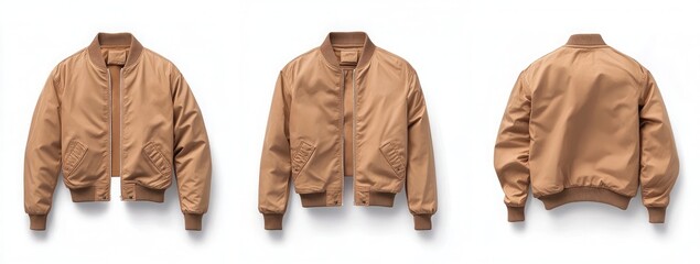 Set of female light brown bomber jackets photographed from different angles, against a white background, in a mockup template