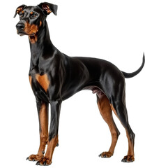 Proud doberman pinscher standing, showcasing its elegant and muscular physique against a transparent background