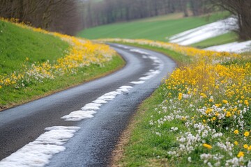 A scenic road surrounded by bright yellow flowers, perfect for use in travel or nature-related projects