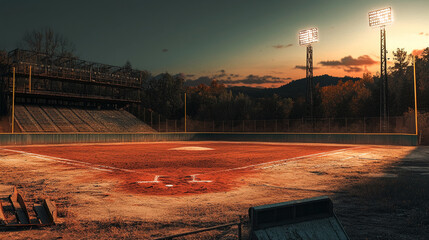 Empty baseball field at sunset, illuminated by stadium lights, showcasing a tranquil, nostalgic atmosphere, evocative of past games and quiet evenings