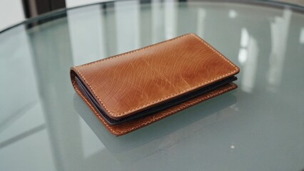 A wallet sits on top of a clear glass table, offering a clean and simple scene for use in various settings