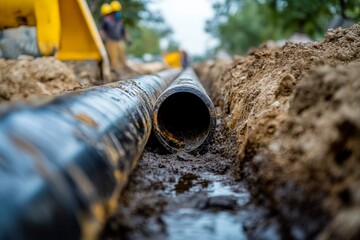Trenching for water and gas pipes  black pipe installation with smart grid technology concept