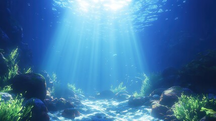 Obraz premium Sunlit blue depths reveal a vibrant school of fish darting amongst rocks and swaying plants. A tranquil underwater seascape