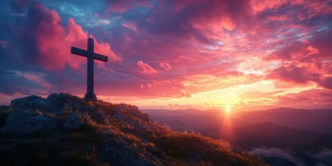 Sunset view with cross on a mountain peak under vibrant clouds and warm tones
