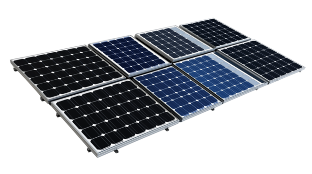 A series of hyper-realistic, ultra-HD photos of solar panels in different colors (silver, black, blue), isolated on a white background.