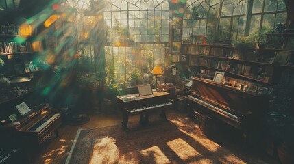 Sunlit music room with antique pianos and bookshelves.  Sunlight streams through large windows, illuminating a room filled with plants, books, and two antique pianos.